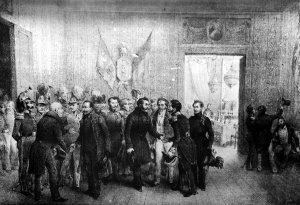 Meeting of Polish exiles in Belgium c. 1830 xylograph. Public Domain.